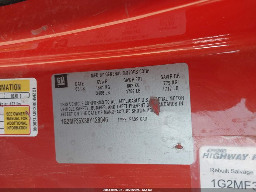 2008 Pontiac Solstice Gxp VIN: 1G2MF35X38Y128046 Lot: 43059702