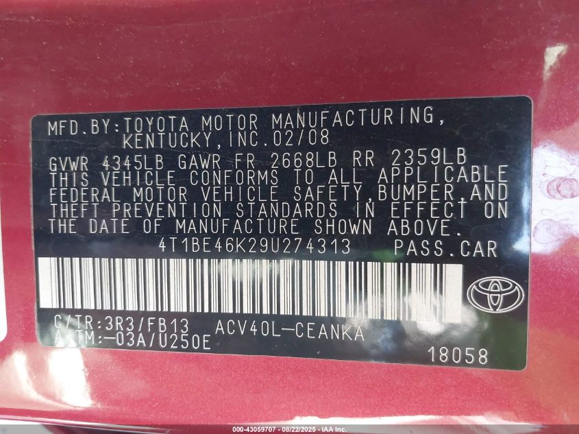 2009 Toyota Camry Le VIN: 4T1BE46K29U274313 Lot: 43059707