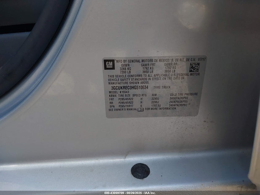 2017 Chevrolet Silverado 1500 1Lt VIN: 3GCUKREC0HG510634 Lot: 43059709