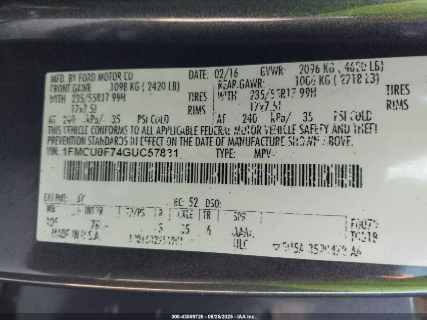 2016 Ford Escape S VIN: 1FMCU0F74GUC57831 Lot: 43059726