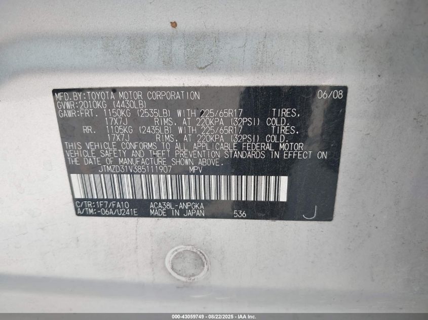 2008 Toyota Rav4 Limited VIN: JTMZD31V385111907 Lot: 43059749