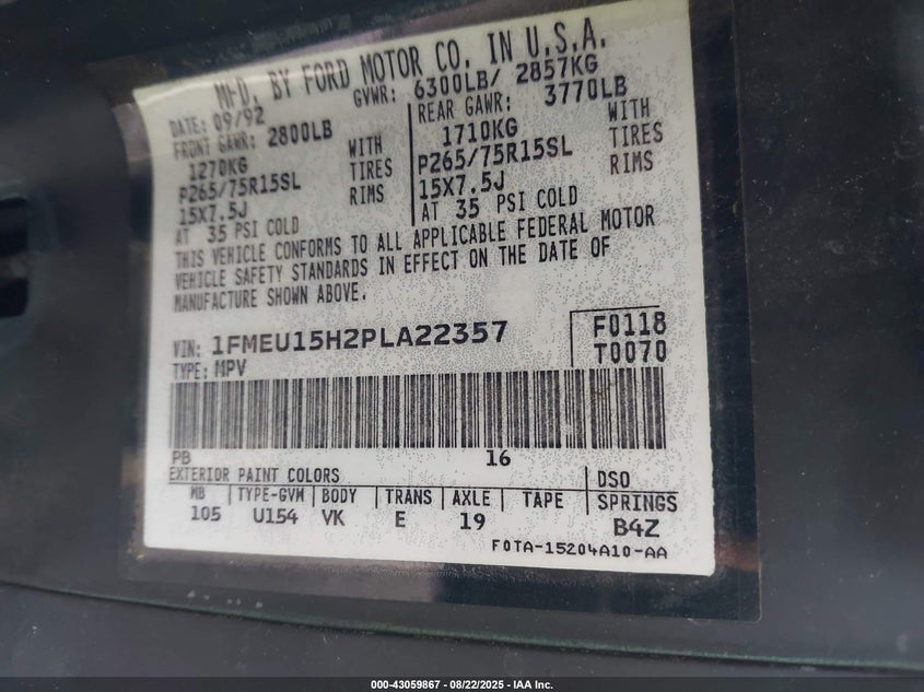 1993 Ford Bronco U100 VIN: 1FMEU15H2PLA22357 Lot: 43059867