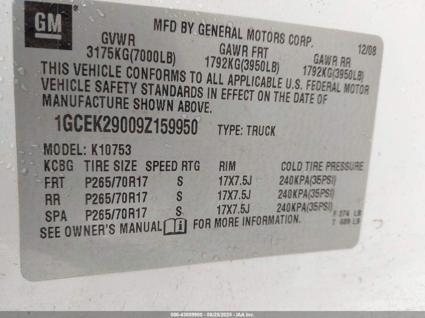 2009 Chevrolet Silverado 1500 Lt VIN: 1GCEK29009Z159950 Lot: 43059900