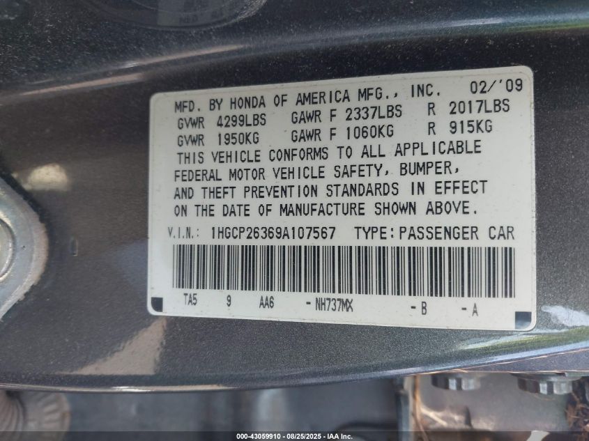 2009 Honda Accord 2.4 Lx VIN: 1HGCP26369A107567 Lot: 43059910