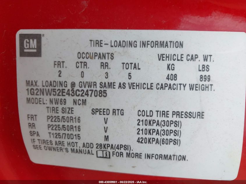 2003 Pontiac Grand Am Gt VIN: 1G2NW52E43C247085 Lot: 43059981