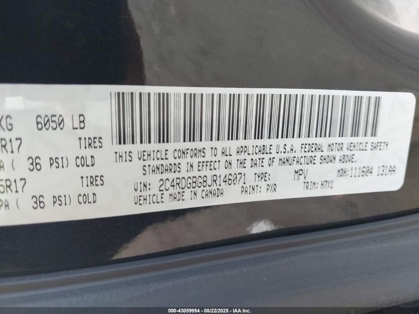 2018 Dodge Grand Caravan Se VIN: 2C4RDGBG8JR146071 Lot: 43059994