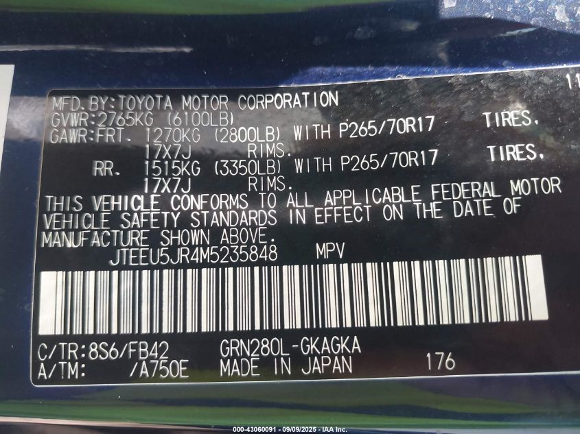 2021 Toyota 4Runner Sr5 VIN: JTEEU5JR4M5235848 Lot: 43060091