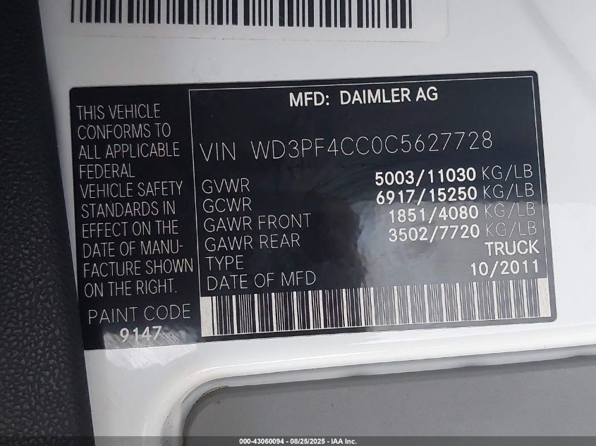 2012 Mercedes-Benz Sprinter 3500 High Roof VIN: WD3PF4CC0C5627728 Lot: 43060094