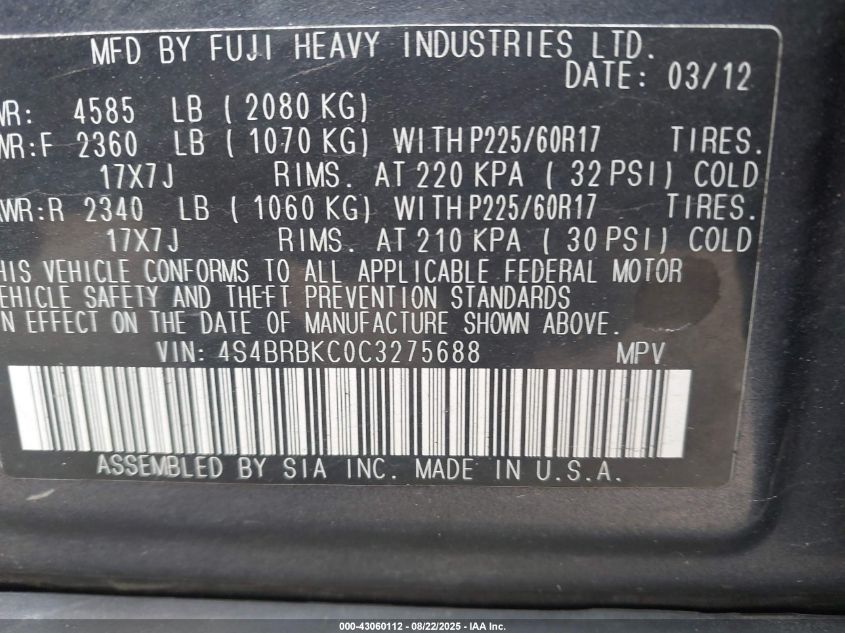 2012 Subaru Outback 2.5I Limited VIN: 4S4BRBKC0C3275688 Lot: 43060112