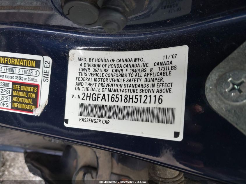 2008 Honda Civic Lx VIN: 2HGFA16518H512116 Lot: 43060258