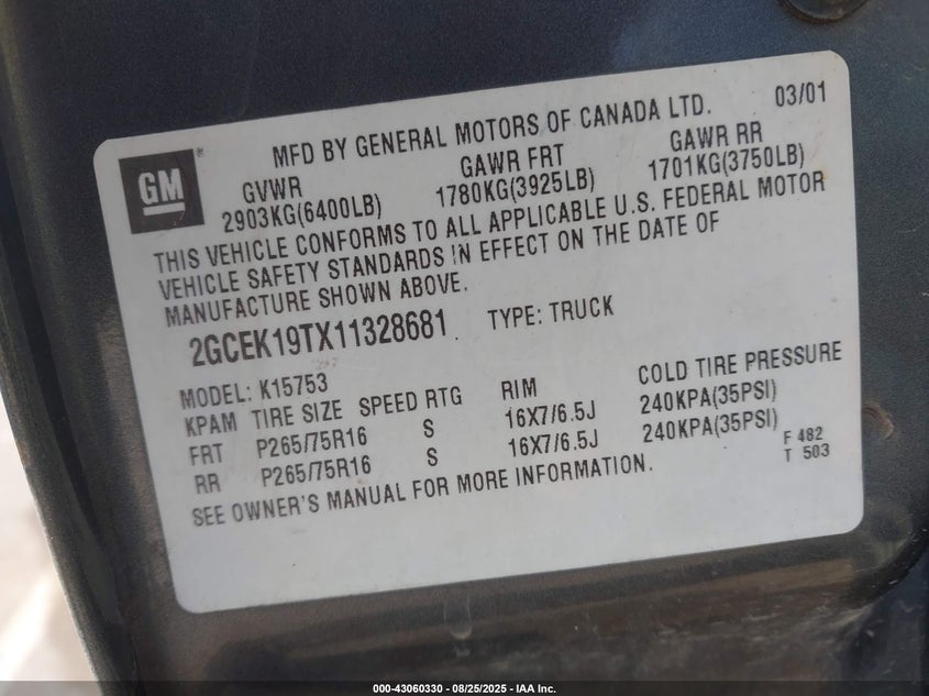 2001 Chevrolet Silverado 1500 Ls VIN: 2GCEK19TX11328681 Lot: 43060330