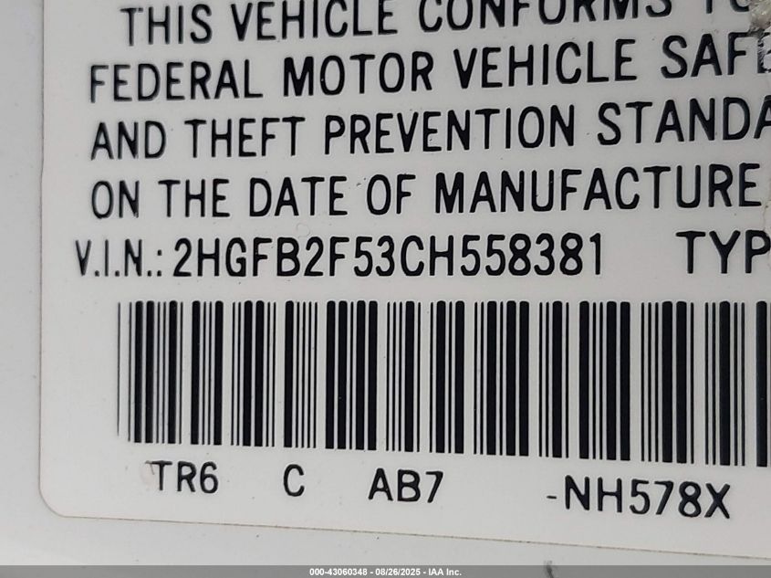 2012 Honda Civic Lx VIN: 2HGFB2F53CH558381 Lot: 43060348