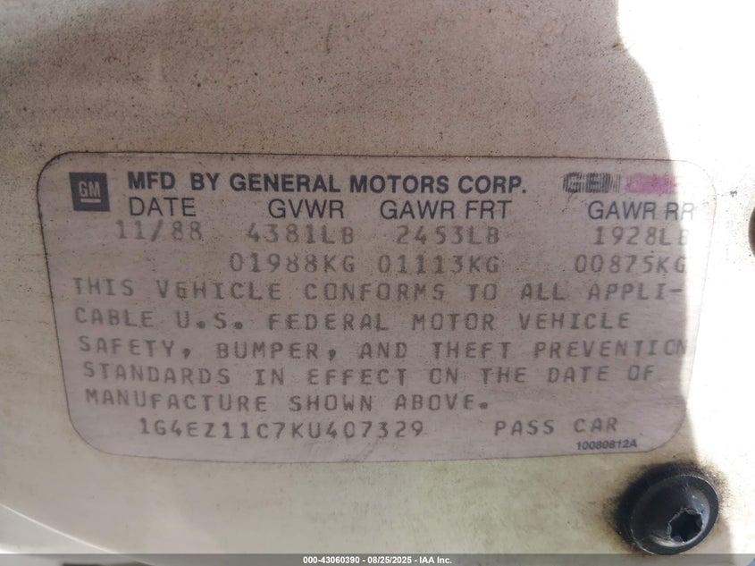 1989 Buick Riviera VIN: 1G4EZ11C7KU407329 Lot: 43060390