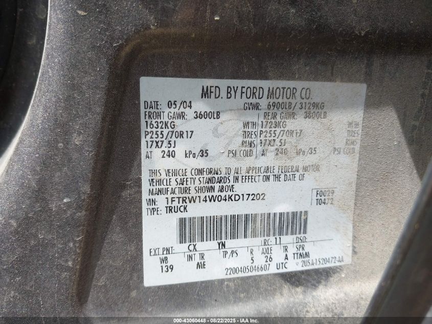 2004 Ford F-150 Xlt VIN: 1FTRW14W04KD17202 Lot: 43060448