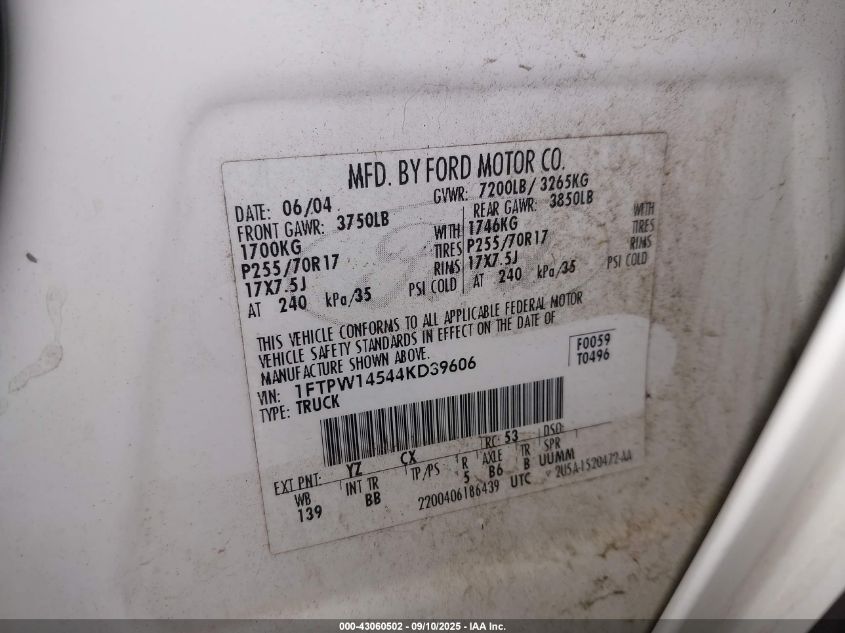 2004 Ford F-150 Fx4/Lariat/Xlt VIN: 1FTPW14544KD39606 Lot: 43060502
