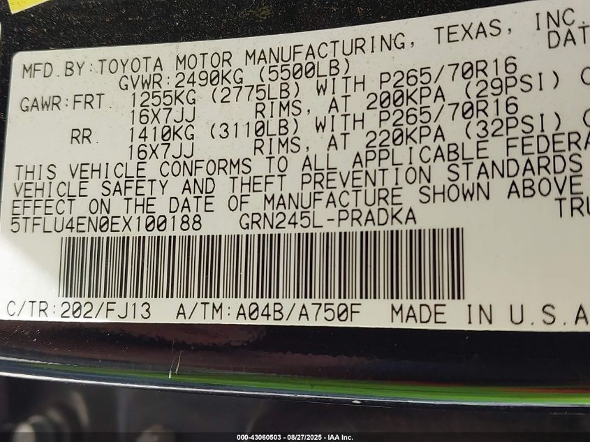 2014 Toyota Tacoma Base V6 VIN: 5TFLU4EN0EX100188 Lot: 43060503