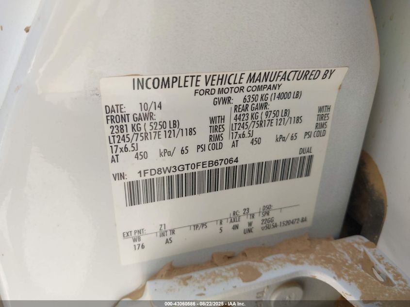 2015 Ford F-350 Chassis Xl VIN: 1FD8W3GT0FEB67064 Lot: 43060586