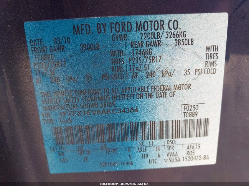 2010 Ford F-150 VIN: 1FTFX1EV0AKC34354 Lot: 43060691