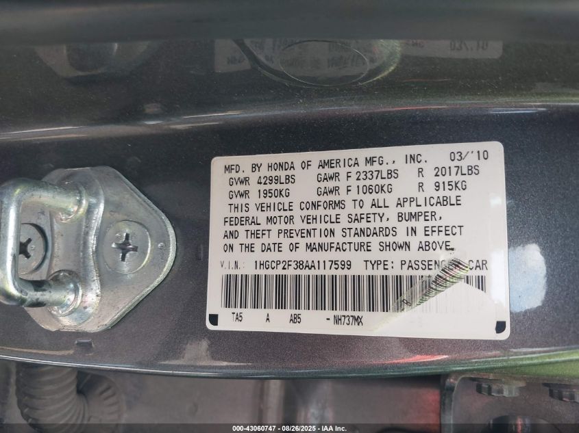 2010 Honda Accord 2.4 Lx VIN: 1HGCP2F38AA117599 Lot: 43060747