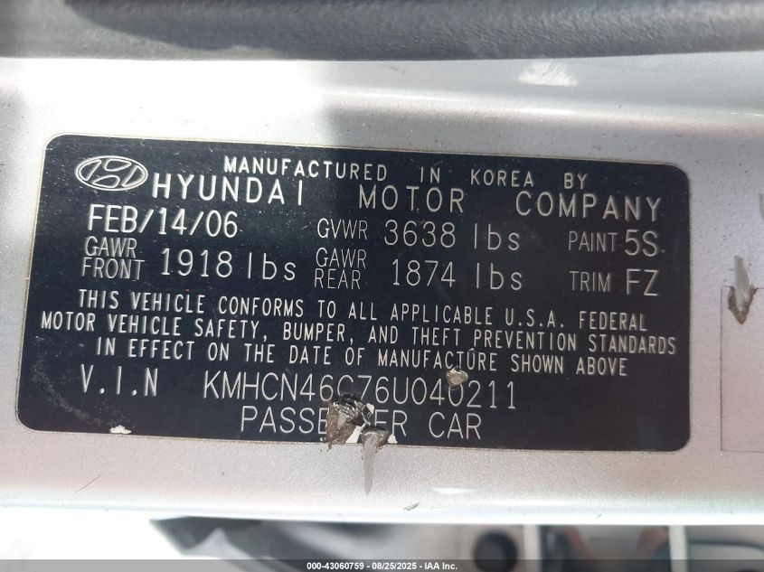 2006 Hyundai Accent Gls VIN: KMHCN46C76U040211 Lot: 43060759