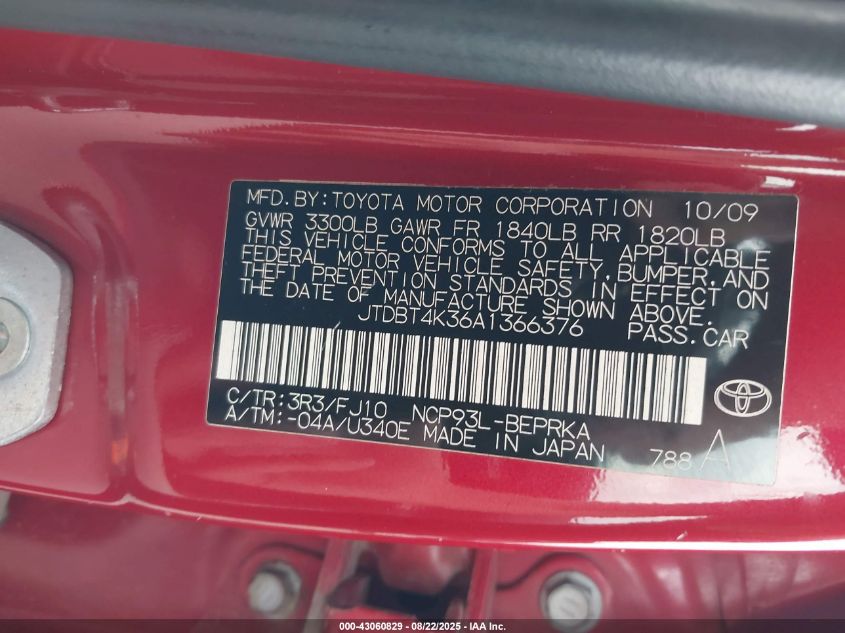 2010 Toyota Yaris VIN: JTDBT4K36A1366376 Lot: 43060829