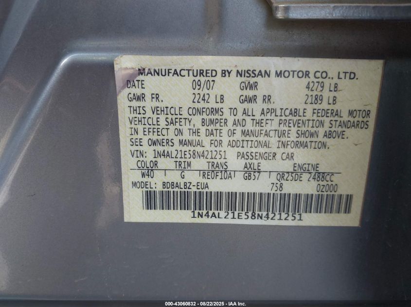 2008 Nissan Altima 2.5 S VIN: 1N4AL21E58N421251 Lot: 43060832