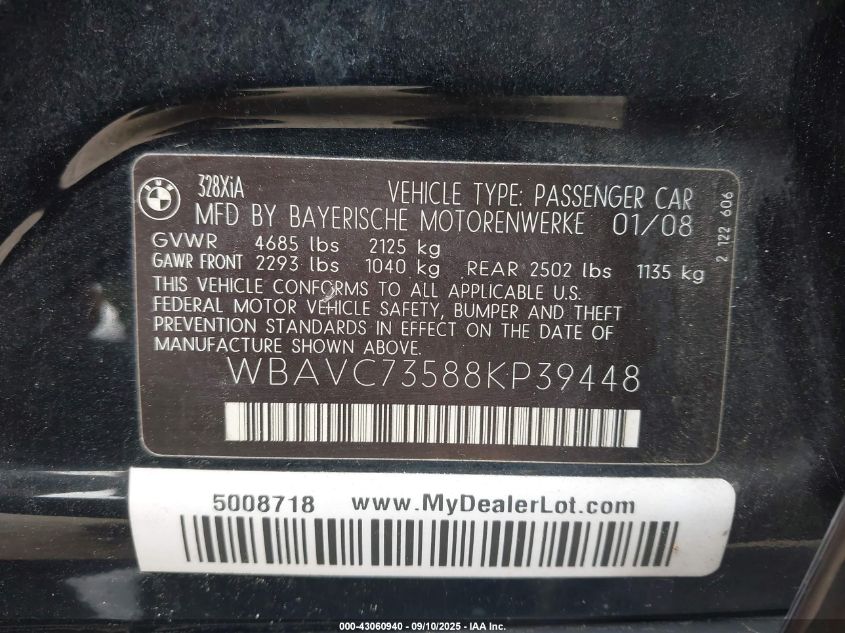2008 BMW 328Xi VIN: WBAVC73588KP39448 Lot: 43060940