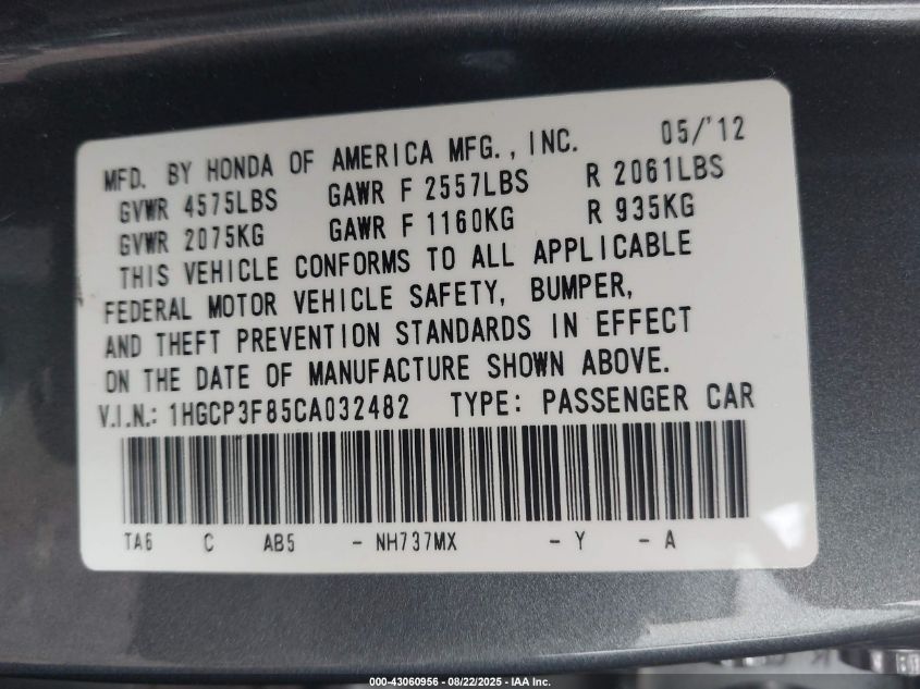 2012 Honda Accord 3.5 Ex-L VIN: 1HGCP3F85CA032482 Lot: 43060956