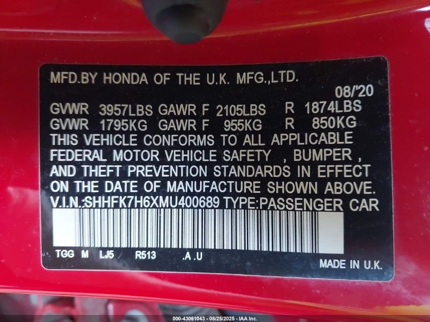 2021 Honda Civic Ex VIN: SHHFK7H6XMU400689 Lot: 43061043