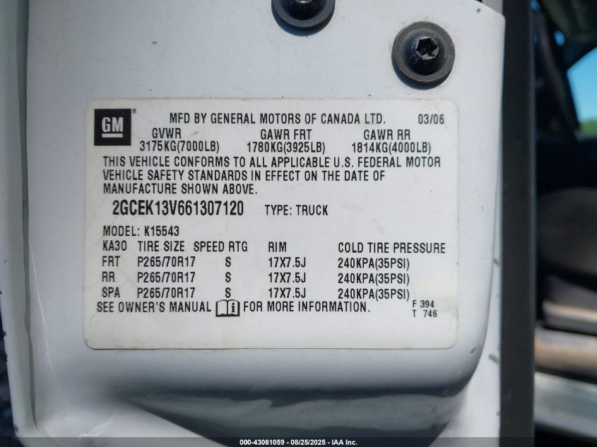 2006 Chevrolet Silverado 1500 Ls VIN: 2GCEK13V661307120 Lot: 43061059