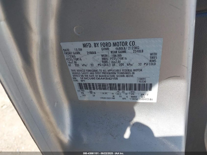 2010 Ford Escape Limited VIN: 1FMCU9EG6AKB42155 Lot: 43061101