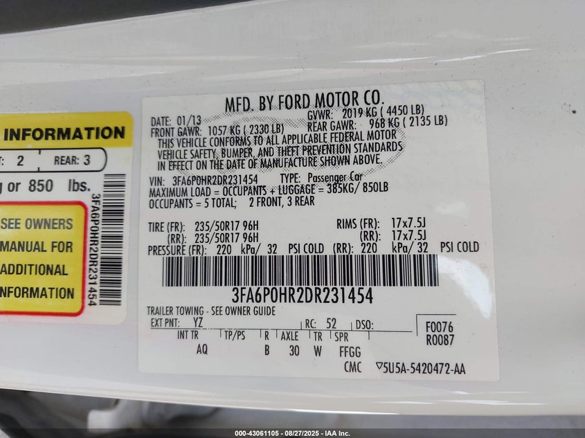 2013 FORD FUSION SE - 3FA6P0HR2DR231454