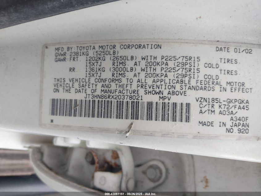 2002 Toyota 4Runner Sr5 V6 VIN: JT3HN86RX20378021 Lot: 43061151
