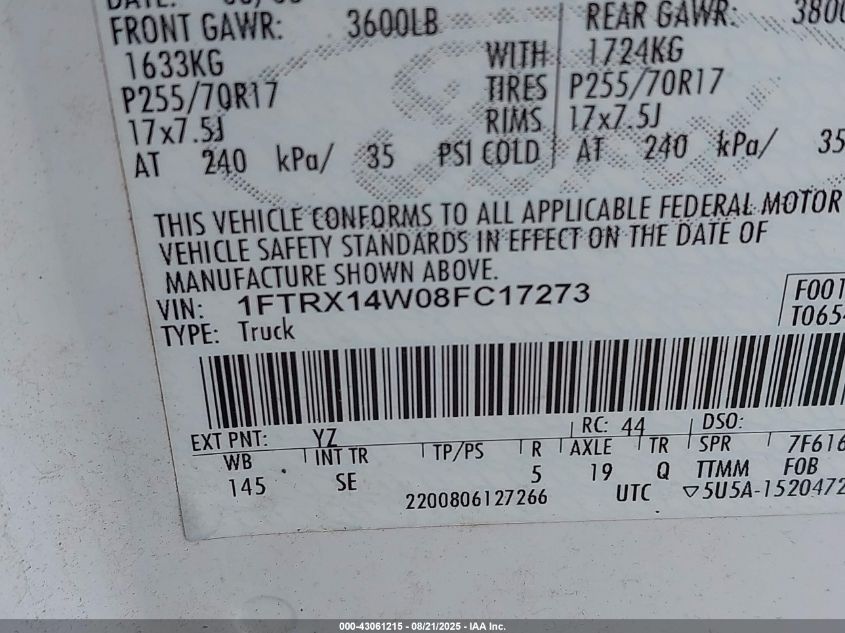 2008 Ford F-150 Stx/Xl/Xlt VIN: 1FTRX14W08FC17273 Lot: 43061215