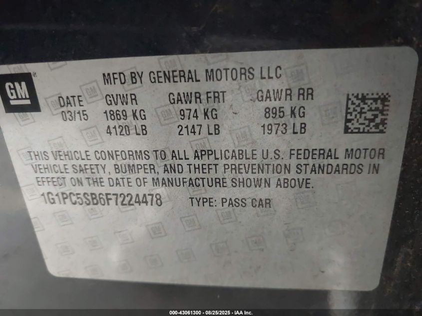 2015 Chevrolet Cruze 1Lt Auto VIN: 1G1PC5SB6F7224478 Lot: 43061300