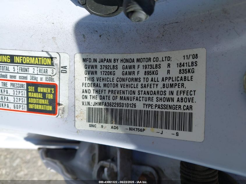 2009 Honda Civic Hybrid VIN: JHMFA36229S010126 Lot: 43061322