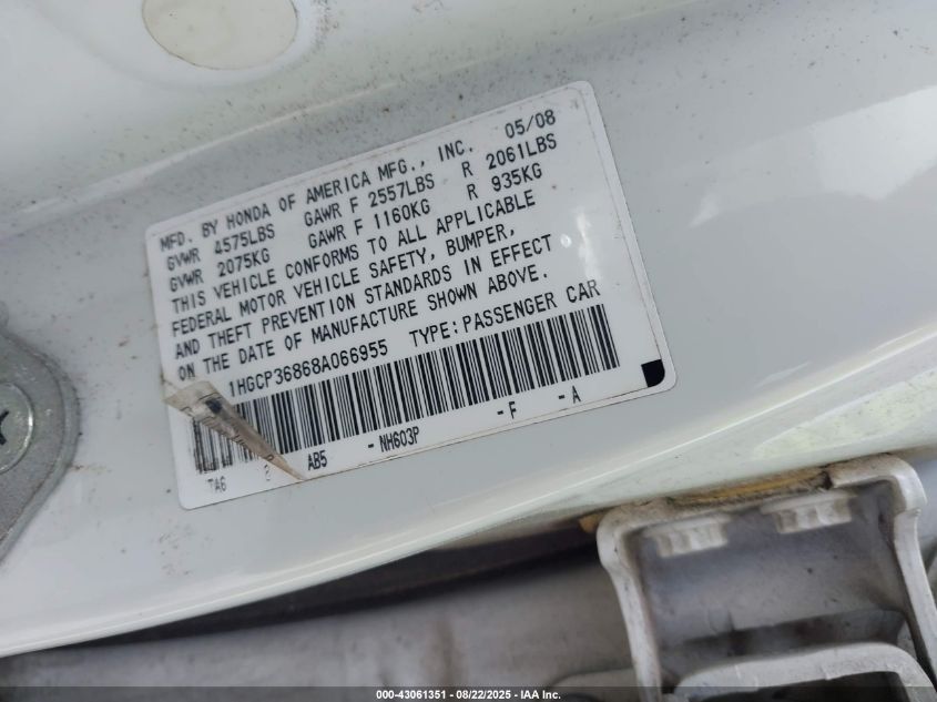2008 Honda Accord 3.5 Ex-L VIN: 1HGCP36868A066955 Lot: 43061351