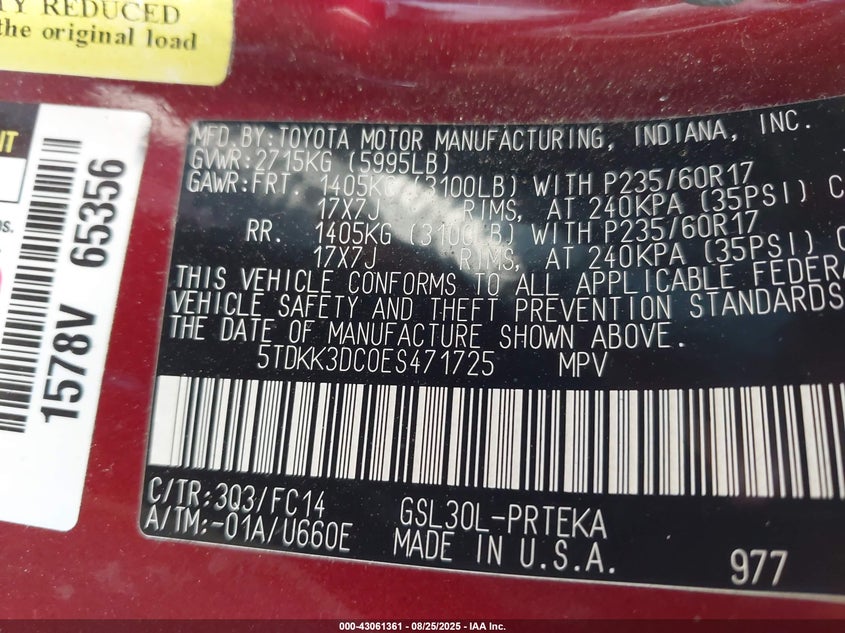 2014 Toyota Sienna Le V6 8 Passenger VIN: 5TDKK3DC0ES471725 Lot: 43061361