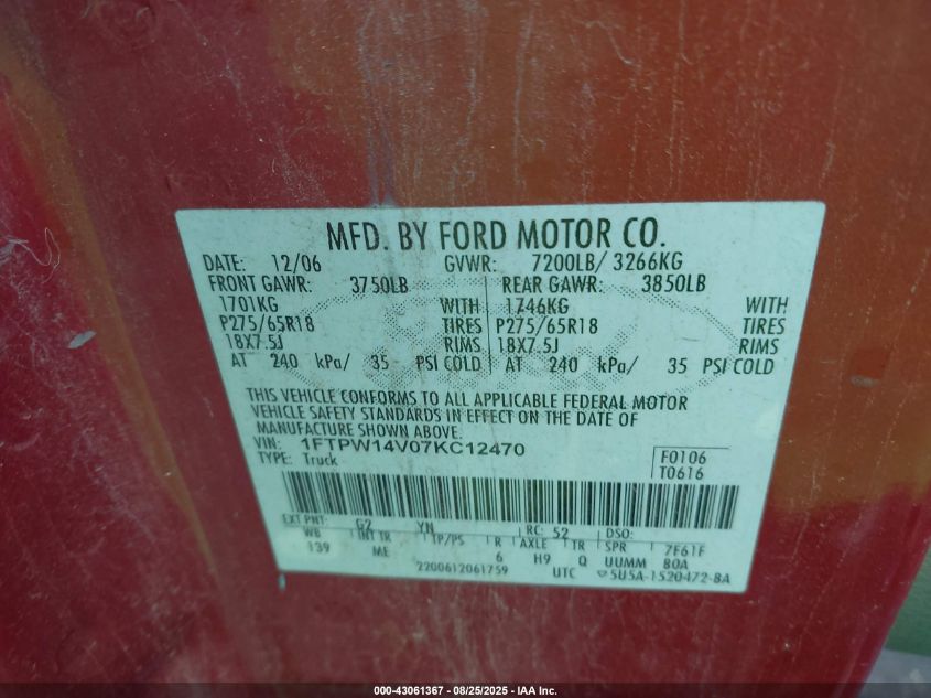2007 Ford F-150 Fx4/Lariat/Xlt VIN: 1FTPW14V07KC12470 Lot: 43061367