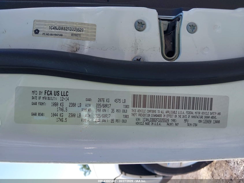 2015 Jeep Compass Sport VIN: 1C4NJDBB2FD225529 Lot: 43061487