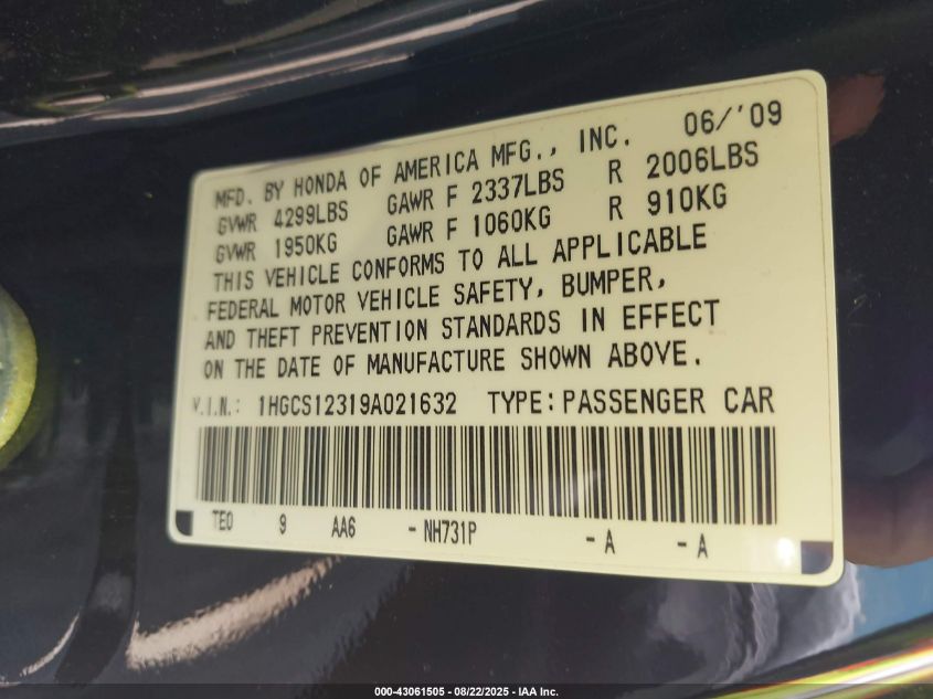 2009 Honda Accord 2.4 Lx-S VIN: 1HGCS12319A021632 Lot: 43061505