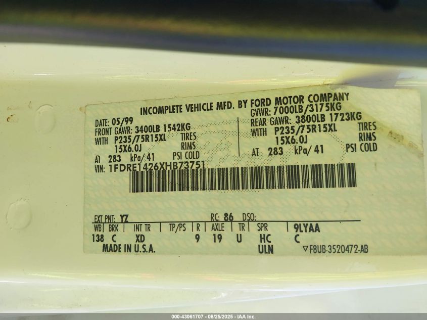 1999 Ford E-150 Commercial/Recreational VIN: 1FDRE1426XHB73751 Lot: 43061707