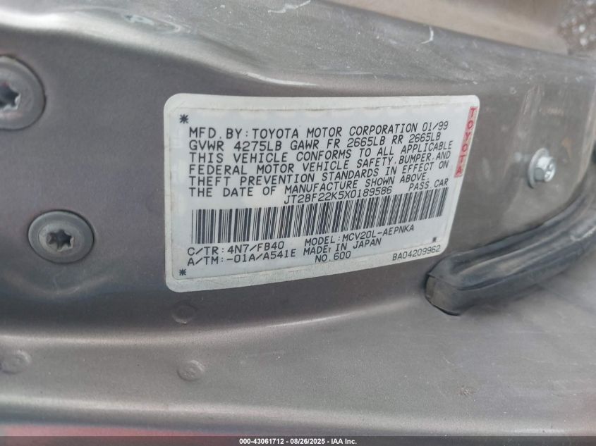 1999 Toyota Camry Le V6 VIN: JT2BF22K5X0189586 Lot: 43061712