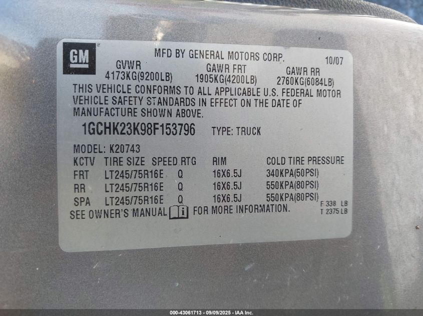 2008 Chevrolet Silverado 2500Hd Lt2 VIN: 1GCHK23K98F153796 Lot: 43061713