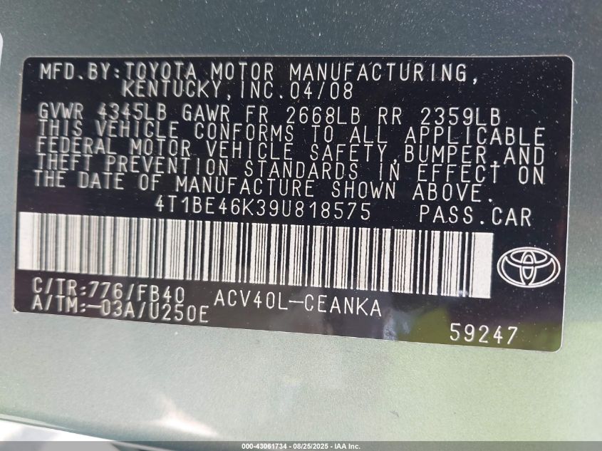 2009 Toyota Camry Le VIN: 4T1BE46K39U818575 Lot: 43061734