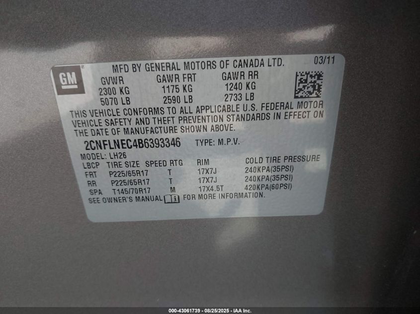 2011 Chevrolet Equinox 2Lt VIN: 2CNFLNEC4B6393346 Lot: 43061739