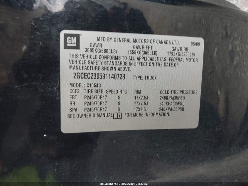 2009 Chevrolet Silverado 1500 Lt VIN: 2GCEC230591140728 Lot: 43061759