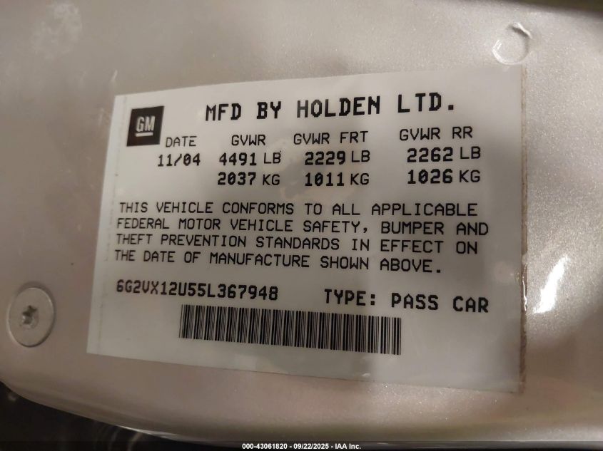 2005 Pontiac Gto VIN: 6G2VX12U55L367948 Lot: 43061820