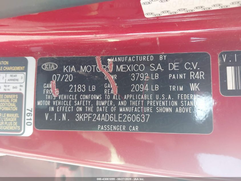 2020 Kia Forte Lxs VIN: 3KPF24AD6LE260637 Lot: 43061899