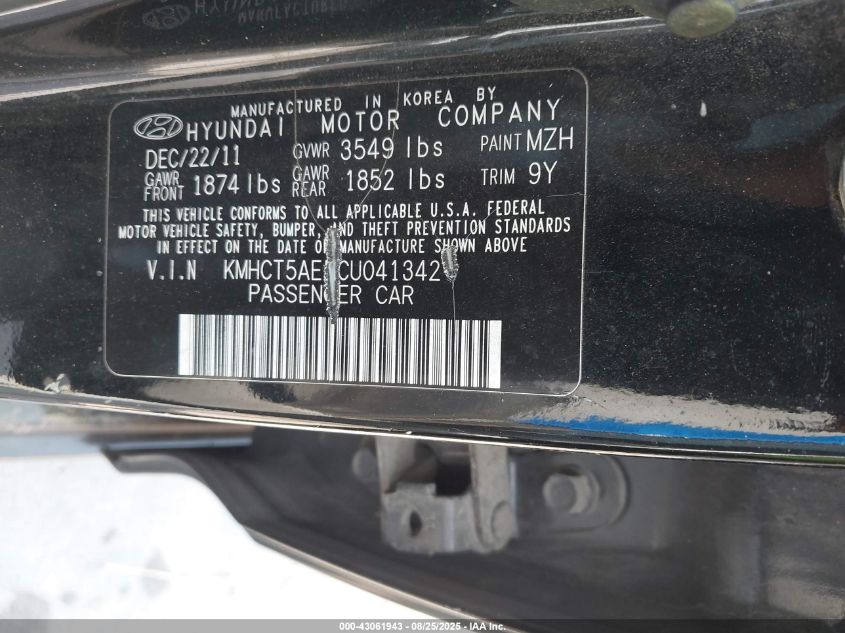 2012 Hyundai Accent Gs VIN: KMHCT5AE5CU041342 Lot: 43061943